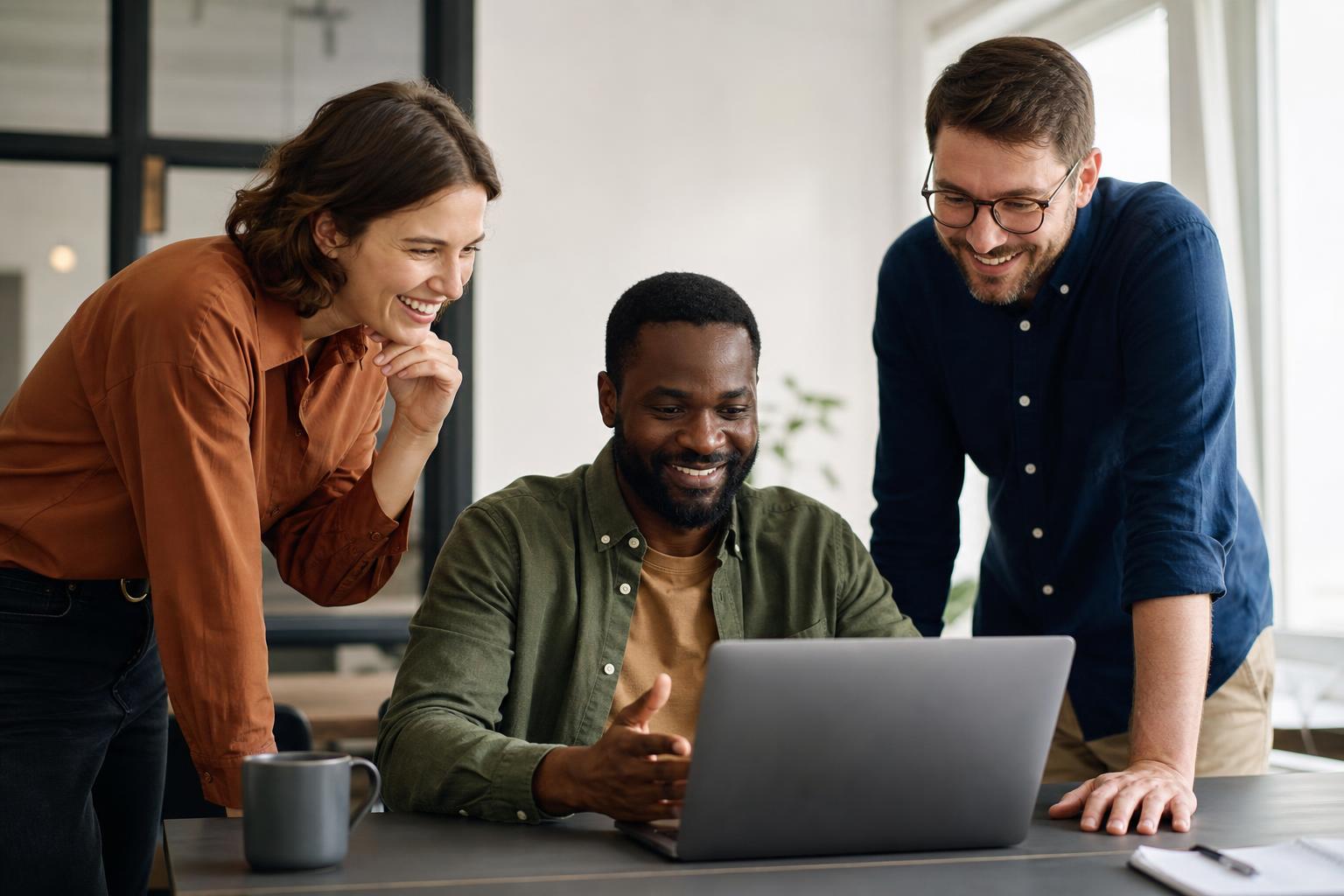 Three colleagues talking together in a bright office hallway