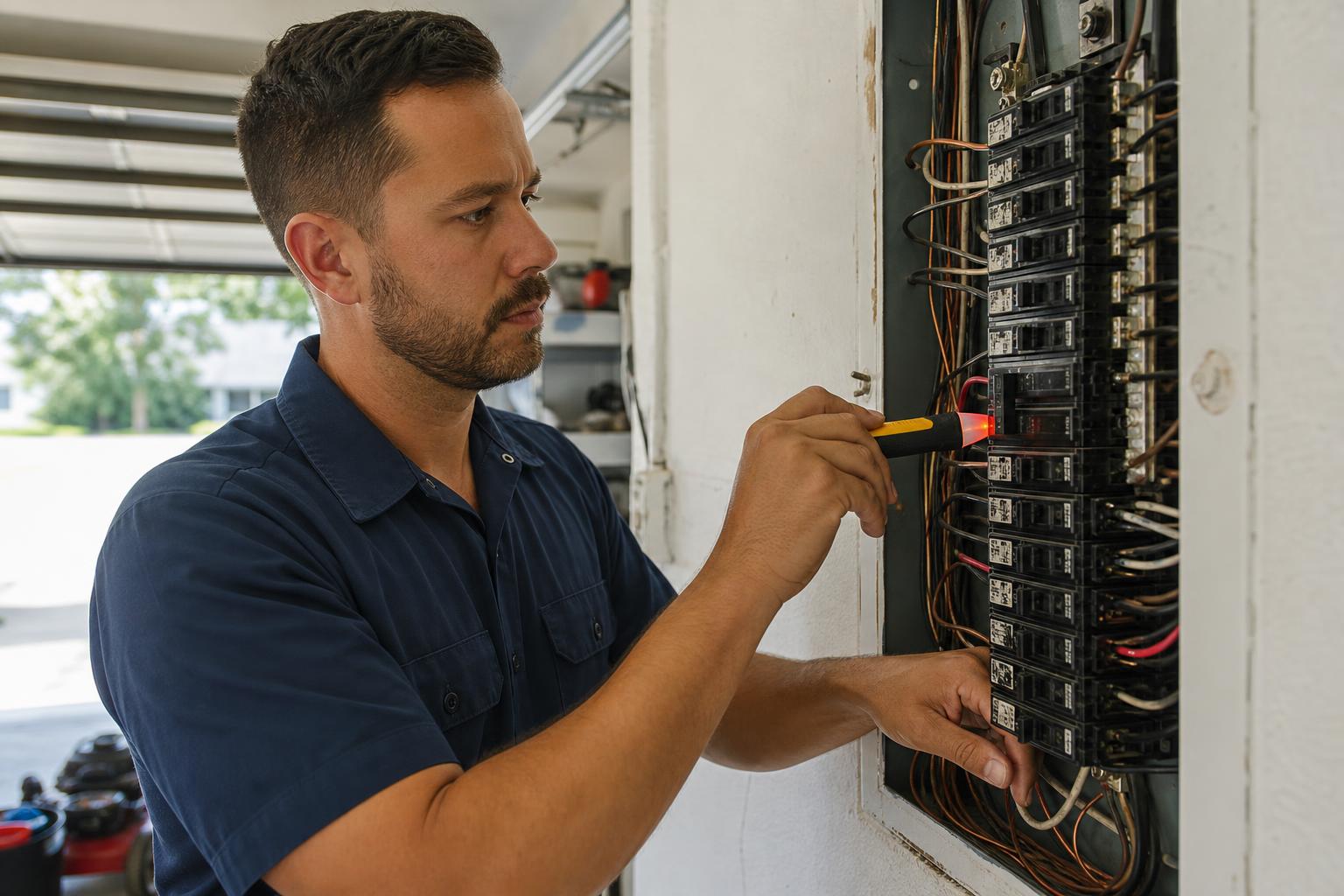 An electrician in safety glasses and gloves testing a residential electrical panel
