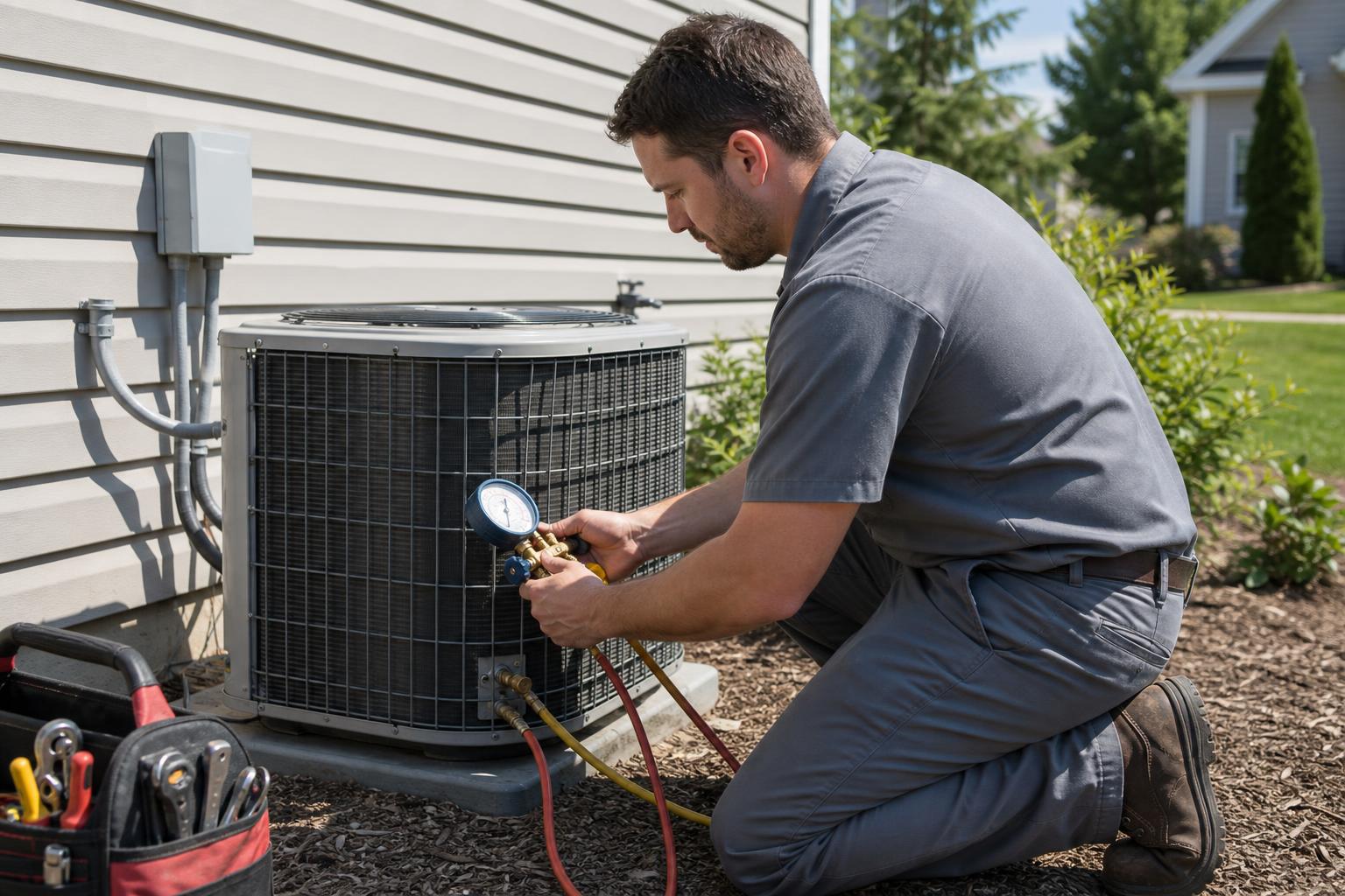 HVAC technicians servicing a residential outdoor condenser unit