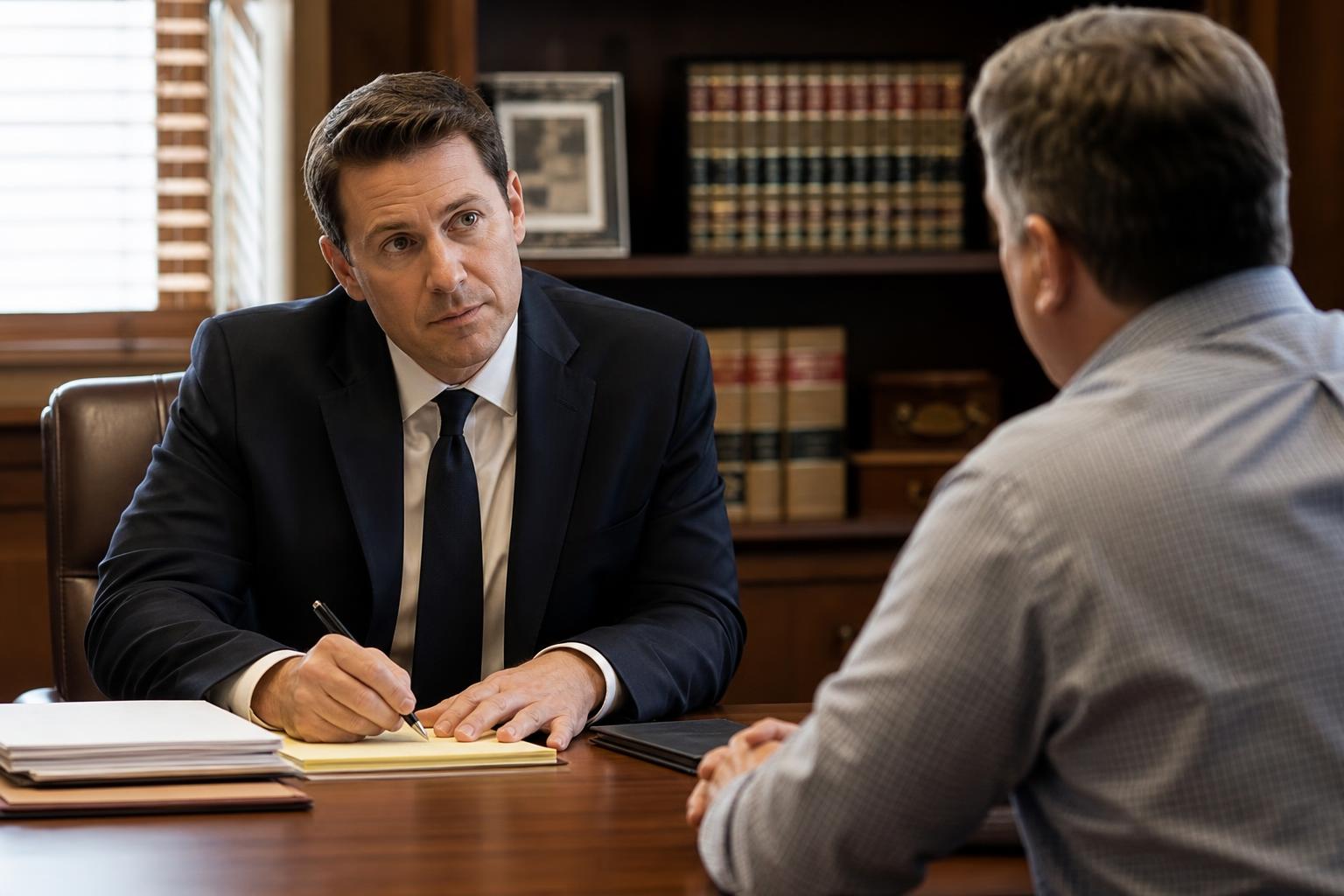 An attorney speaking with a prospective client across a desk in a law office