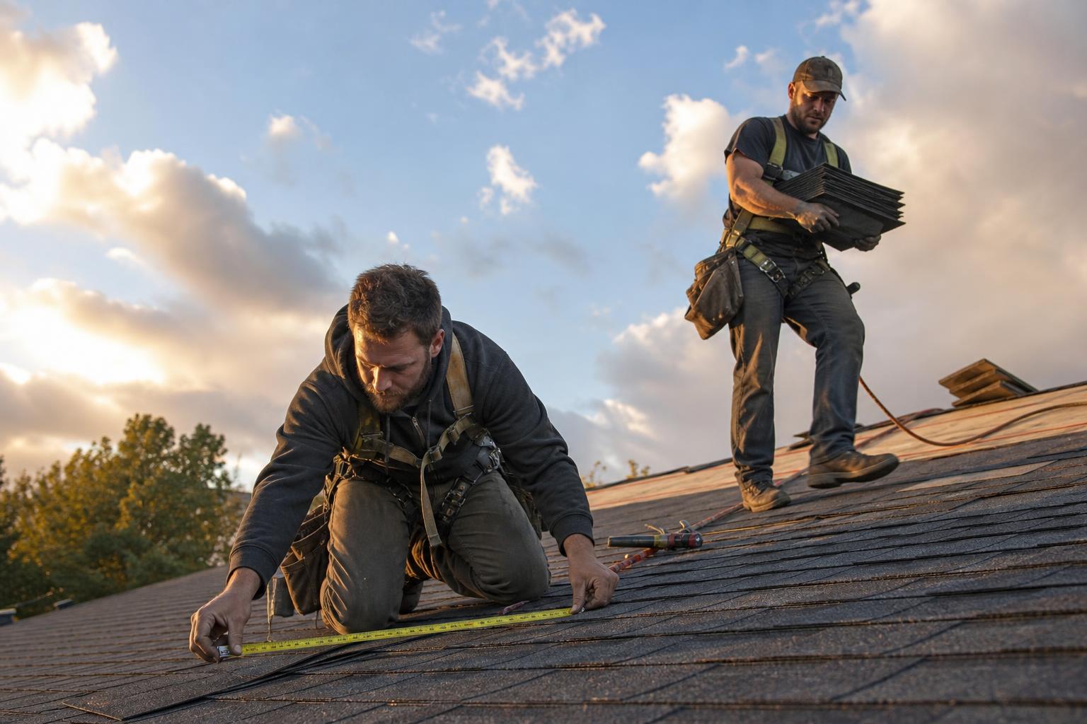 A roofing estimator reviewing an inspection on a tablet with a homeowner outside the house