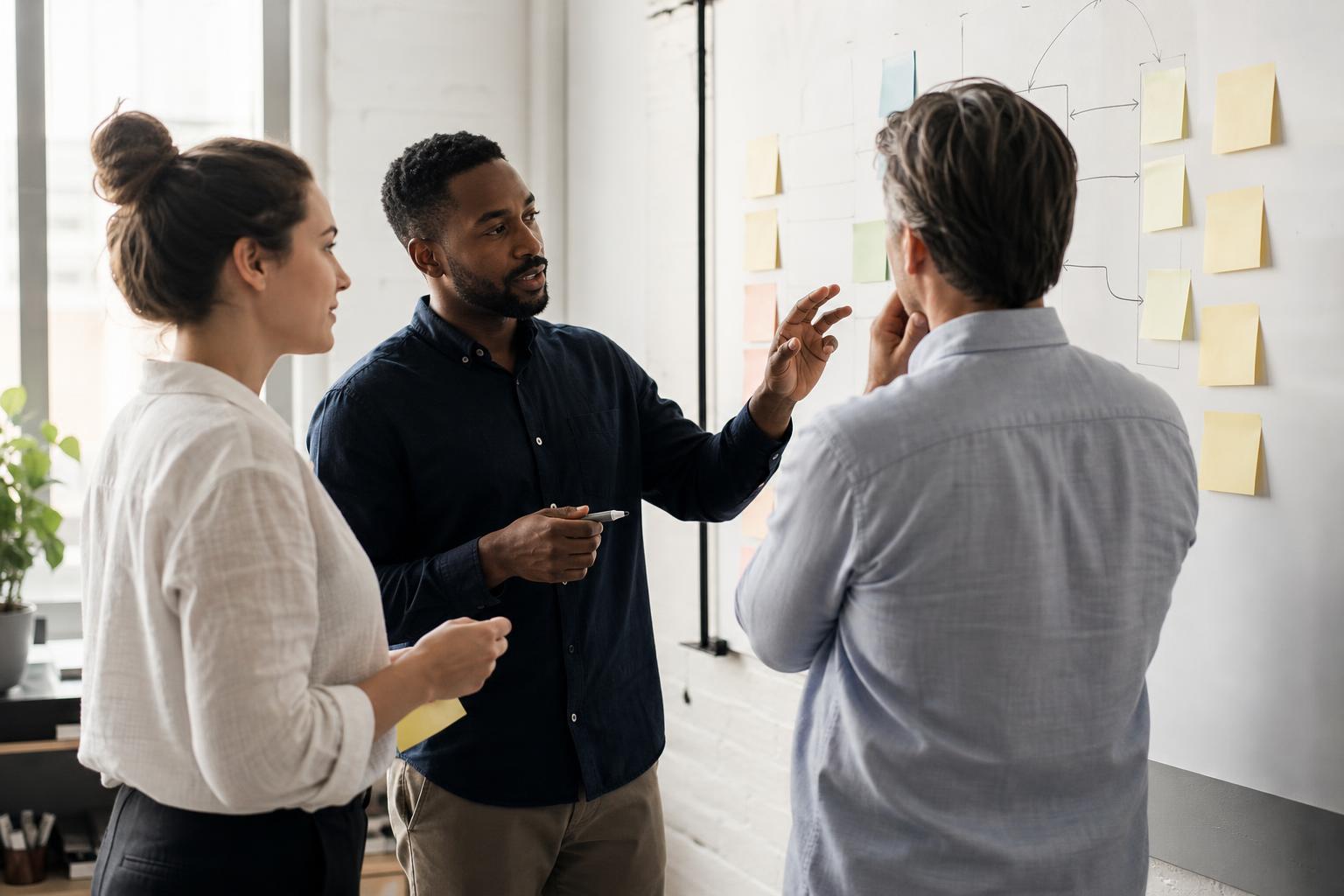 A team working through a plan around a meeting-room table