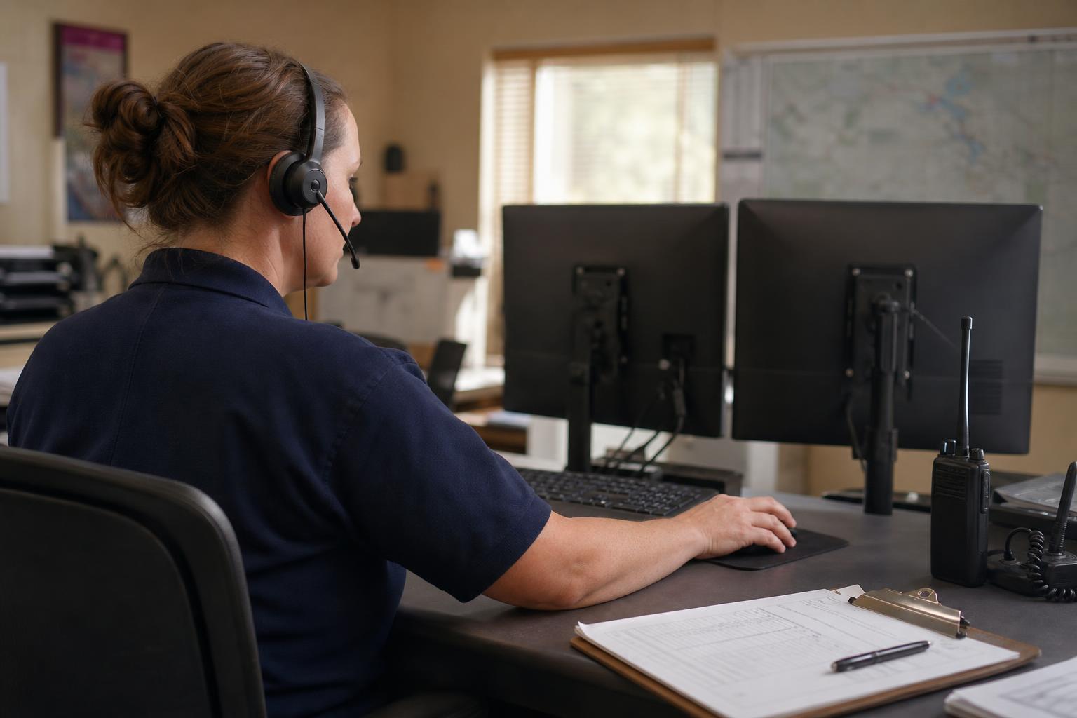 An operations coordinator at her desk talking with a field technician