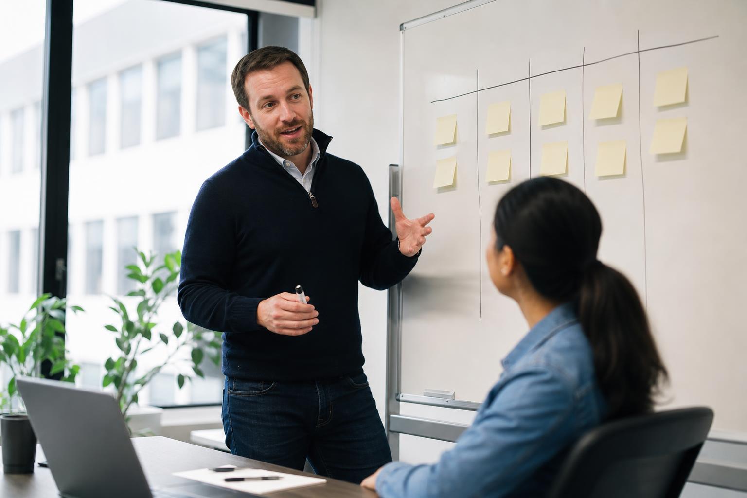 Two office professionals reviewing a customer list on a large monitor